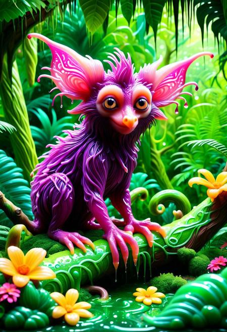 A whimsical aye-aye creature crafted entirely from vibrant magenta slime, perched playfully on a twisted branch in a lush jungle setting. The aye-aye features exaggerated, gooey limbs and oversized, sparkling eyes that reflect the surrounding greenery. The background is filled with dense foliage and colorful tropical flowers, creating a fantastical and playful atmosphere. The overall style is cartoonish and vibrant, emphasizing the slime's glossy texture and the whimsy of the scene.