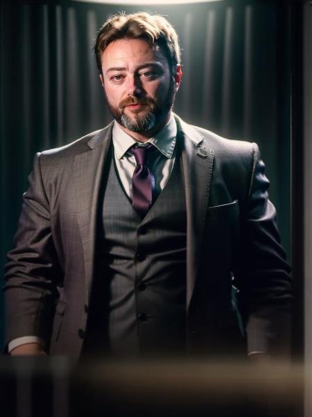 <lora:sargon_v11:1>, carlbenjamin, standing, beard, suit, realistic,   8k uhd, dslr, soft lighting, high quality, film grain, Fujifilm XT3, dimly lit,