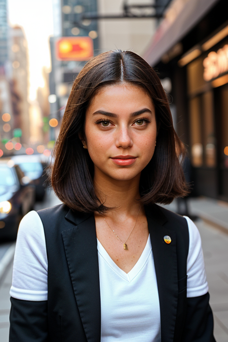 FarahJefry, photography by (Rodney Smith:1.3), ((upper body focus, shoulders)), modelshoot, pose, (business suit, black jacket, white blouse, facing viewer, busy Manhattan sidewalk, looking at viewer, blurry background, bokeh, ID photo:1.3), serious look