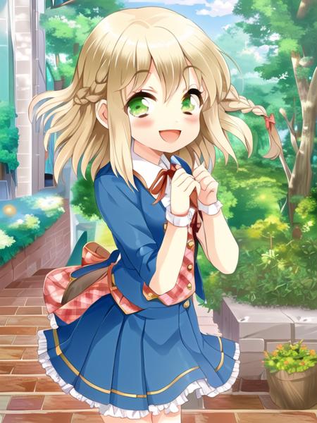 Fuyuki Noel, 1girl, solo, blonde hair, green eyes, open mouth, smile, braid, outdoors, day, underwear, skirt, looking at viewer, ribbon, short hair, tree, sky, blush, :d, bloomers
<lora:grimoire-v1.0:1>