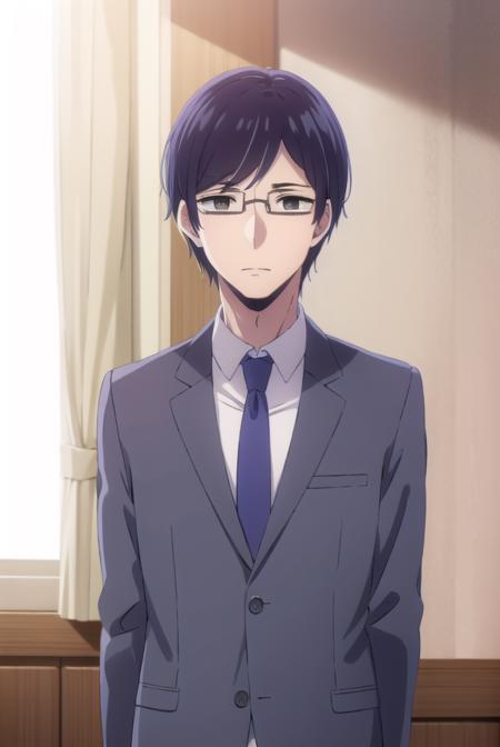 narumikanai, <lora:narumi kanai s1-lora-nochekaiser:1>,
narumi kanai, black hair, male focus, glasses, (black eyes:1.5),
BREAK necktie, formal, suit,
BREAK indoors, classroom,
BREAK looking at viewer, (cowboy shot:1.5),
BREAK <lyco:GoodHands-beta2:1>, (masterpiece:1.2), best quality, high resolution, unity 8k wallpaper, (illustration:0.8), (beautiful detailed eyes:1.6), extremely detailed face, perfect lighting, extremely detailed CG, (perfect hands, perfect anatomy),