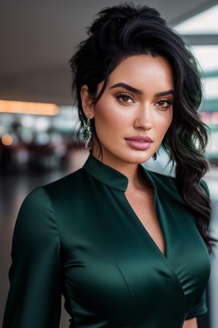 photo of cjsxx, a woman as a TikTok celebrity, hair upsweep updo, (elegant dark green dress:1.2), at the airport, suitcase, dark moody ambience (masterpiece:1.2) (photorealistic:1.2) (bokeh) (best quality) (detailed skin:1.2) (intricate details) (detailed eyes) (8k) (HDR) (cinematic lighting) (sharp focus), (looking at the camera:1.1), (closeup portrait:1.2), earrings. (smile512)