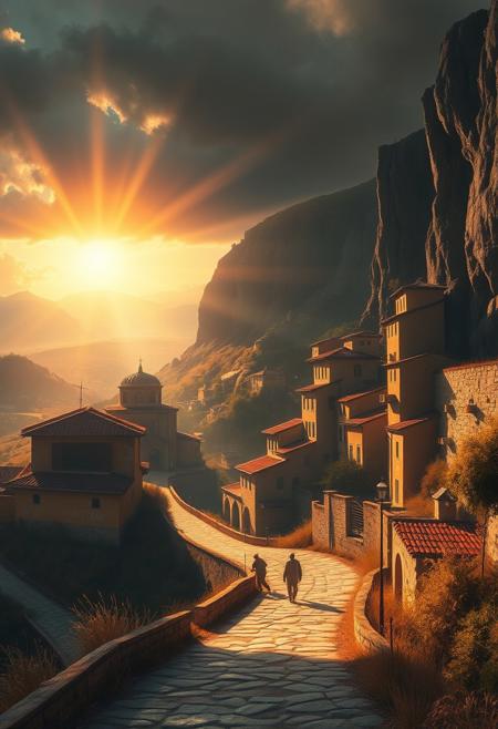 Epic, amazing lens glow lighting illuminates a modern, futuristic, grand scene in golden hour light, reflecting the darker aspects of the human condition. Romantic realism style shows an Italian countryside village with warm colors, textured brushwork, and serene landscapes.  Soft light depicts heroic elements in a massive scale.