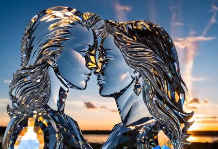 Crystal sculpture Couple in love portrait at sunset using negative space, translucent female face with ethereal beauty positioned centrally, lightning strikes in the background depicting vibrant nature energy, minimalist shower silhouette on the right symbolizing the aftermath of the storm, nighttime scene on a reflective surface enhances the engagement of direct eye contact and a direct gaze, ethereal atmosphere enveloping the subject, inspired aesthetics within a cinema