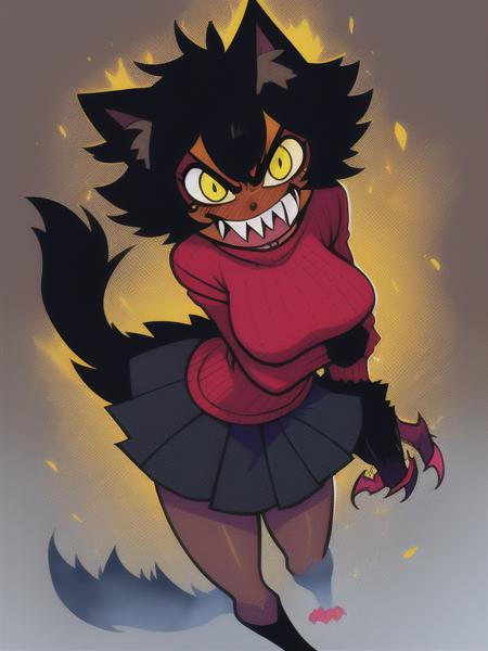 rudy, werewolf, (masterpiece:1.2), (best quality:1.2), full body, ((small breasts, short:1)), 1girl, solo, complex lighting, simple background, short messy hair, black hair, dark skin, (red sweater, long blue skirt:1.1), cute, adorable, extremely detailed face, (sharp teeth, yellow sclera, black pupils )+, large eyes, (angry, annoyed look)+, blush,