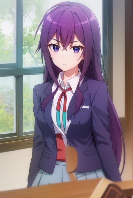 karenkannazuki, <lora:karen kannazuki s2-lora-nochekaiser:1>,
karen kannazuki, long hair, (purple eyes:1.1), purple hair, ahoge,
BREAK skirt, school uniform, blazer, (red blazer:1.5), shirt, white shirt, collared shirt, ribbon, blue ribbon,
BREAK indoors, classroom,
BREAK looking at viewer,
BREAK <lyco:GoodHands-beta2:1>, (masterpiece:1.2), best quality, high resolution, unity 8k wallpaper, (illustration:0.8), (beautiful detailed eyes:1.6), extremely detailed face, perfect lighting, extremely detailed CG, (perfect hands, perfect anatomy),