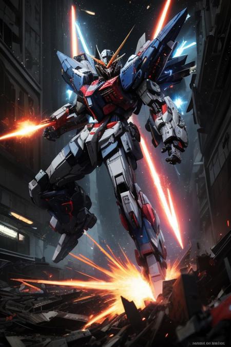 A towering white-and-cobalt Gundam X Zero mecha unleashes its twin satellite cannon in a war-torn cyberpunk cityscape, glowing energy beams tearing through collapsing skyscrapers as thrusters ignite beneath its armored legs. Neon-lit debris swirls around its angular frame, with holographic targeting grids flashing across its crimson mono-eye visor while plasma flames ripple across its beam saber's energized blade.