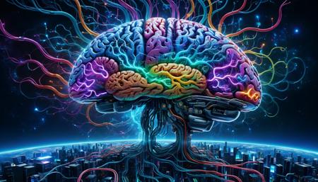 cybernetic style psychedelic style hyperrealistic art breathtaking Hyperrealistic landscape where the human brain becomes the focal point of connection. The left side of the brain showcases intricate AI components, resembling a highly detailed motherboard with glowing circuits. The right side transforms into a vibrant, swirling psychedelic pattern, pulsating with colors. The brain seems to float in a realm where the background is a seamless blend of digital and organic designs. A human of diverse descent stands below, wires and tendrils connecting their head to this central brain, symbolizing the union of thought, machine, and mysticism. <lora:xl_more_art-full_v1:0.75> . award-winning, professional, highly detailed . extremely high-resolution details, photographic, realism pushed to extreme, fine texture, incredibly lifelike . vibrant colors, swirling patterns, abstract forms, surreal, trippy . futuristic, technological, cybernetic enhancements, robotics, artificial intelligence themes