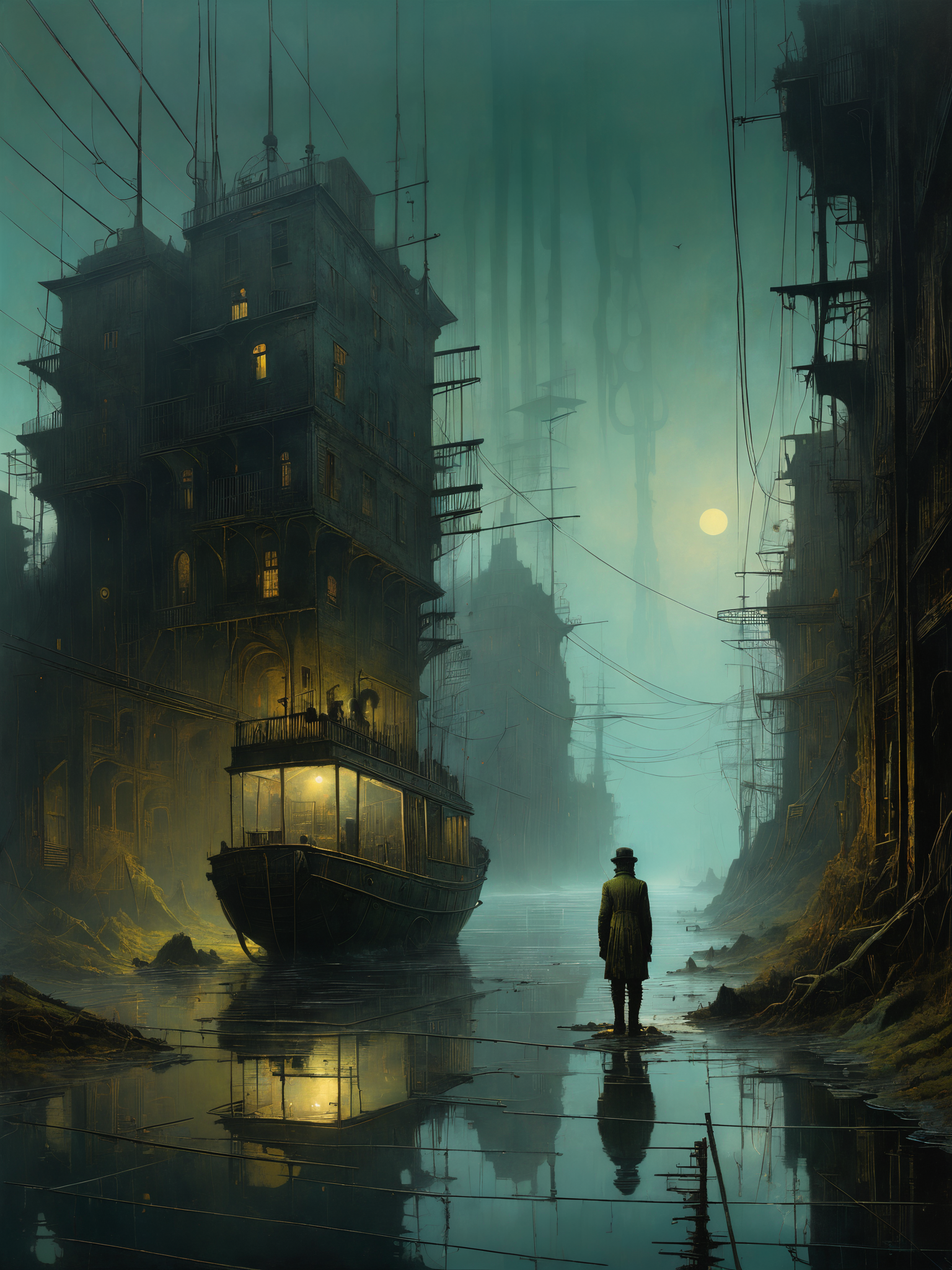 (art by John Atkinson Grimshaw:1.0) ,art by Alejandro Burdisio, landscape of a [Kawaii:Overwhelmed:2] [Reykjavik:Archipelago:5], Hazy conditions, Deathpunk, side lit, high contrast