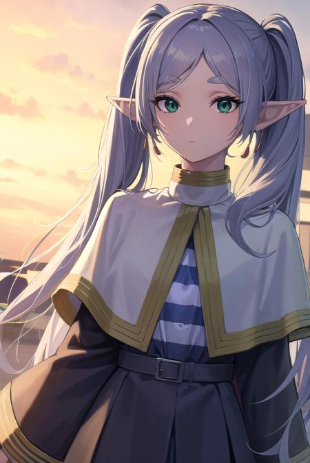 frieren, long hair, twintails, (green eyes:1.5), grey hair, pointy ears, elf, shirt, long sleeves, jewelry, pantyhose, earrings, striped, black pantyhose, capelet, striped shirt,