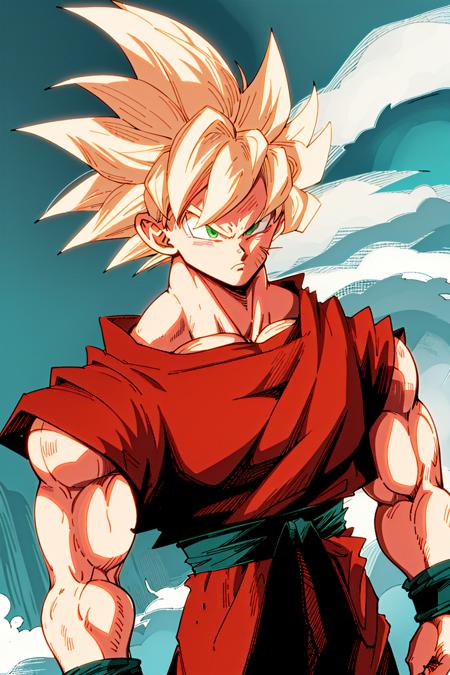 SonGoku Son Goku, 1boy, black hair, solo, dougi, wristband, black eyes, spiked hair,muscular, collarbone, clothes writing,shirt,  Son Goku, 1boy, male focus, solo, super saiyan, spiked hair, blonde hair, super saiyan 1, Green eyes,