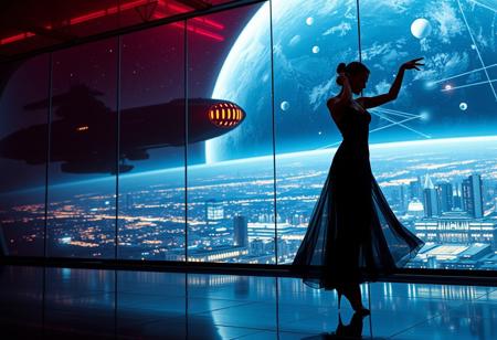 a beautiful elegant female dancer is dancing on a futuristic stage micro-LED lighted, behind the dancer on the stage is an enormous seamless and futuristic wall to wall and floor to ceiling window that looks out at a planet from low orbit, the planet is covered with the lights of enormous buildings and cities, An enormous deco starship with futuristic lighting and an enormous space station are visible in the background among the stars, Artistic art deco, dynamic perspective, (((overall architectural aesthetic is Art Deco Cyberpunk))).  Epic image that elicits a feeling of wonder and awe,