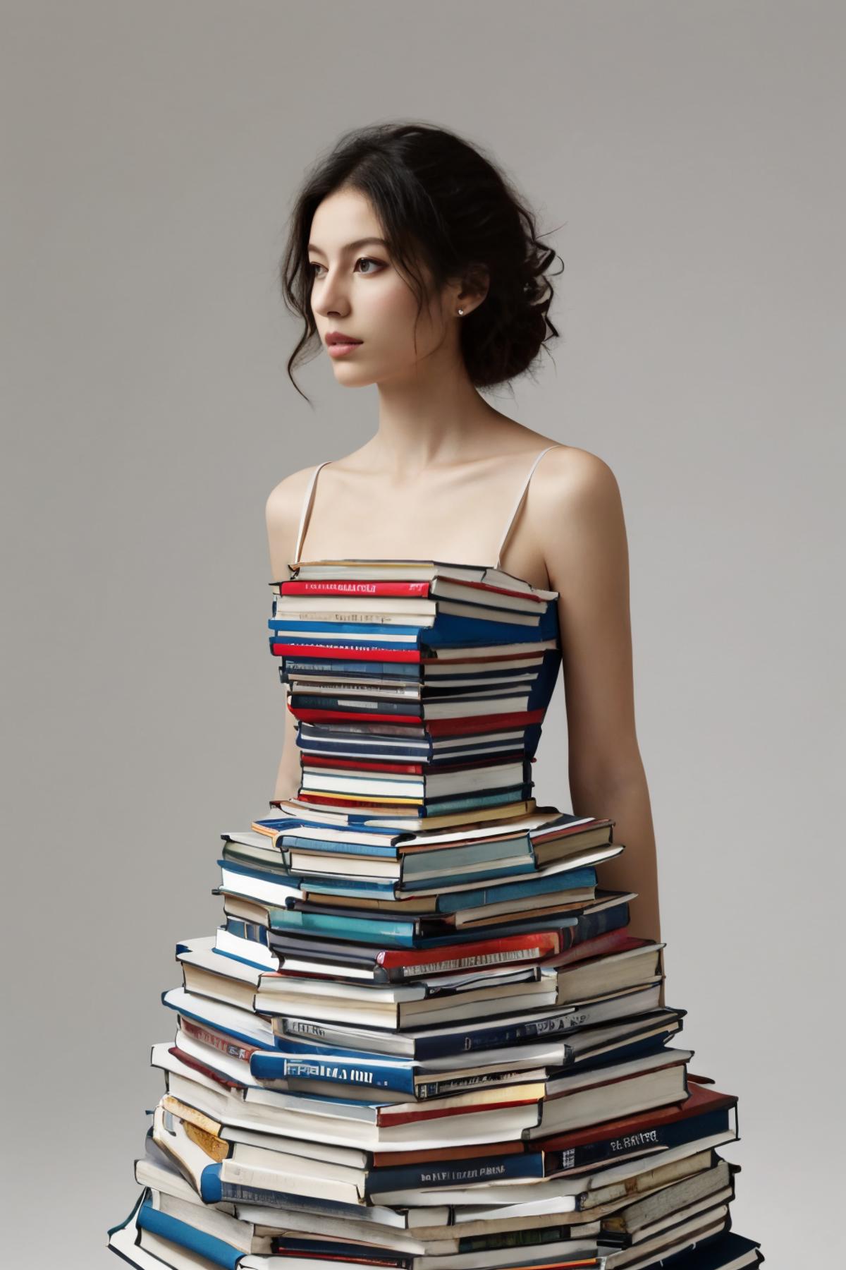 A woman in a dress made out of books.