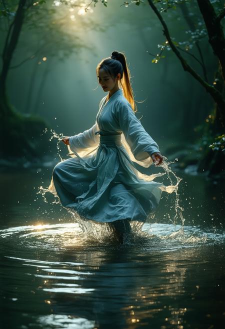 A martial artist stands poised on a forest pond at dawn, her amber-lit jedmat gi rippling as cherry blossoms spiral. Low-angle framing captures her dynamic iaido stance: right foot anchored on water’s tension, creating concentric mandala ripples; left leg coiled mid-kick, droplets suspended. KyoAni’s gradient mastery blends celadon mists with sakura-pink dawn light, while Shinkai-esque directional rays carve liquid gold through her mature yellow ponytail. Serenity crackles with potential energy—smirk hints at controlled power, shadows contour battle-ready curves beneath flowing fabric. Water shimmers like fractured obsidian, mirroring the forest’s breathing tranquility.