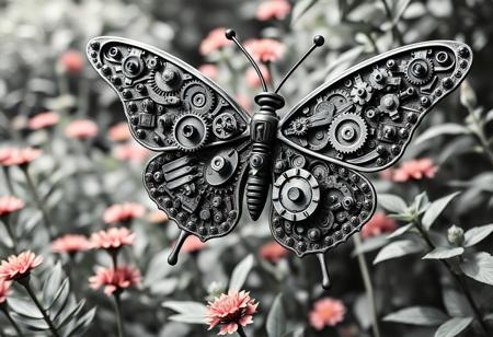 A close-up of a butterfly made entirely of intricate gears, cogs, and metal plates, yet it moves with the grace and beauty of a real butterfly. The background is a lush garden where the contrast between nature and machine is highlighted,
pencil shading,charcoal drawing,tinted paper,pencil drawing,brutal dark b/w color scheme,A striking ultra HD charcoal drawing,overall composition is a perfect balance of intricate and insanely detailed elements