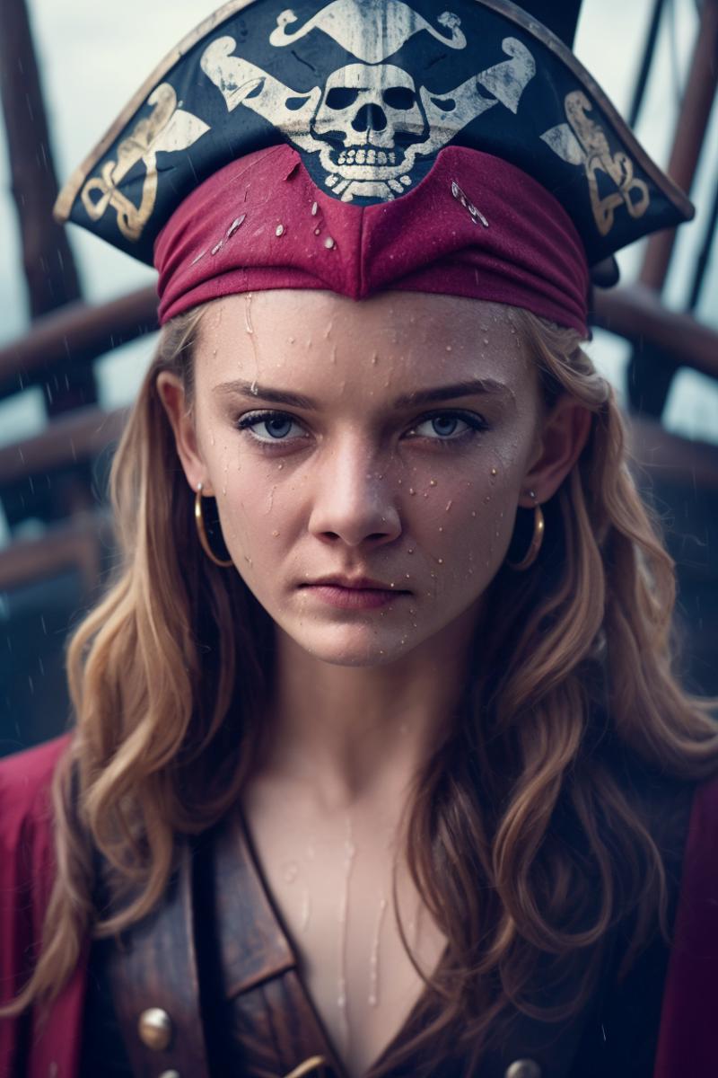 (movie still:1.25), face, 1girl, (medieval pirate lady:1.25), pirate clothing, rainy, wet, on pirate ship, soft colors, bo...