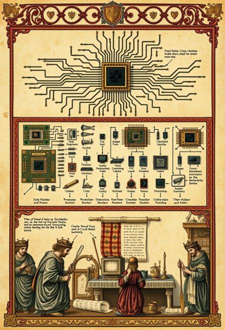Historical Scene, Medieval Art Style, Detailed Sectioned Illustration of the Manufacture of Microchips in the Middle Ages, Depicting Innovations, Transistors, and Circuit Boards, with Ornate Decorative Background. The upper section showcases the intricate process of creating microchips, with decorated circuit pathways and delicate transistors highlighted as symbols of medieval craftsmanship. The middle section presents medieval computer devices such as processors, motherboards, and routers, with small icons depicting the importance of semiconductor technology. The lower section illustrates chip design and assembly, with artisans working in a medieval-style workshop surrounded by ornate tools and scrolls of code.