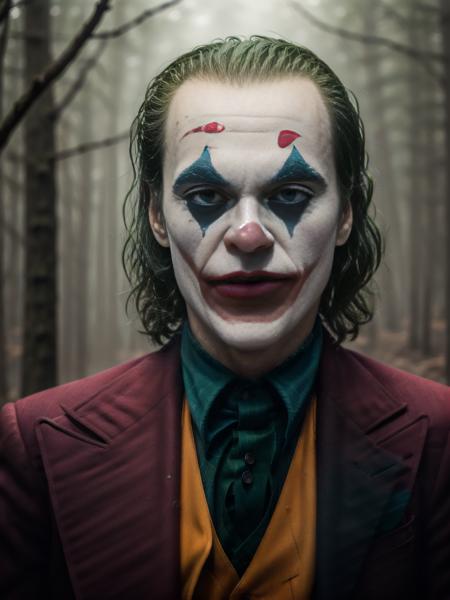 A powerful portrait of The Joker, <lora:Joker:0.6> stunning quality, (standing in a forest), Canon EOS R, 50mm lens, prime lens, masterpiece, deep depth of field, sharp focus, (intricate textures:1.2), (dream-like atmosphere:1.2), high quality, 8k, stunning quality, (haze:1.3), (detailed haze:1.3)