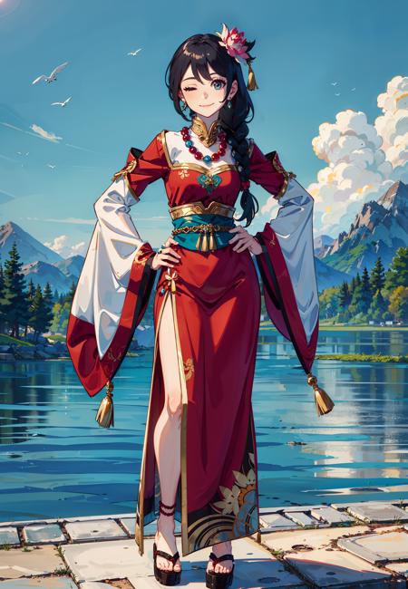 masterpiece, best quality, hands on hips, ((one eye closed|smile):1.3), lotus,  
1girl, bead necklace, beads, black hair, braid, chinese clothes, earrings, hair ornament, jewelry, long hair, long sleeves, necklace, solo, tassel, full body, wide sleeves,
sky, mountain, lake