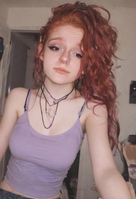 woman, egirl_pfp, makeup
<lora:egirl_pfp:1>, Molly, MJ, auburn hair, greyish violet tank top, violet spaghetti strap tank top, cleavage, polaroid photo, large boobs
