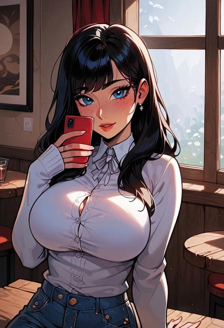 (zPDXL3),  source_cartoon,(masterpiece), (high quality), high resolution, 4K, ,(perfect face), 1girl, young woman,((Korean woman)), (black hair, bangs, ,perfect blue eyes,freckles,simple makeup,slim thick, slim thick body, small waist, large breasts, very wide hips), beautiful, happy , BREAK, ((wearing a tight cardigan, wearing jeans)),BREAK, volumetric lighting, cinematic, vibrant, bright lighting, godrays, sunny day, daylight,BREAK,in a bedroom,(in a cafe, sitting in a chair, holding a phone, looking up at viewer),(white cat sitting on her head),(close up angle, upper body focus),