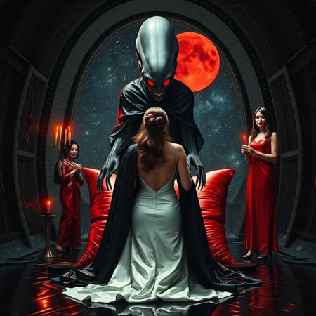 high-society elegant slender norvegian rich innocent young bride kneeling at whorish red glossy foil pillow from behind. She is ensnared by a towering, gray human-like alien, draped in a long, glossy black slime cloak, its eyes gleaming red with an otherworldly intensity.   its hands fastens steel slave collar  on her. Surrounded by strict ladies wearing  glossy satin dominatrix attire and glossy high heels,  holding candles.   weird wet-look black slime  walls and floor, colossus observation blister to outer space full of stars, bright red moon, vintage-inspired makeup, long hairs, ultra thin waist, evil grin, porcelain skin, lipstick, red nails, in the style of a haunting, retro-futuristic 1950s sci-fi nightmare, horror, alien space base,,