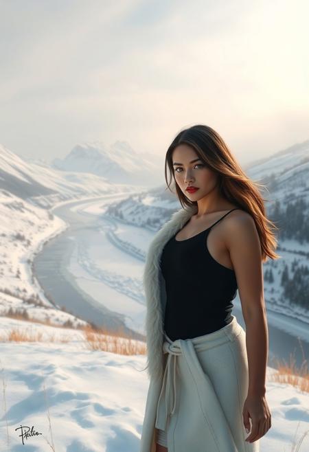 A tranquil winter valley blanketed in pristine snow stretches beneath a soft, diffused sky. The winding river is partially frozen, its ice reflecting distant mountain peaks. On a snowy hill, a woman stands confidently, wearing a long white fur-lined coat that blends seamlessly with the landscape. Her dark hair contrasts strikingly with the snow, and her breath forms delicate clouds in the cold air. Soft lighting sculpts her figure, emphasizing strength and serenity. The scene is rendered with realistic textures of snow, ice, and grass, evoking a cinematic atmosphere inspired by Roger Deakins. Nearby, a digital painting captures a young woman with dark brown hair and bold blonde highlights, wearing a black tank top and bright red lipstick. Dramatic side lighting creates deep shadows and highlights, focusing on her intense, mysterious gaze against a blurred dark background.