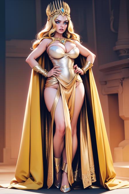ath3na, ((tall stately crown)), full body, dress, cleavage, necklace, blonde hair, blue eyes, ornate, cape