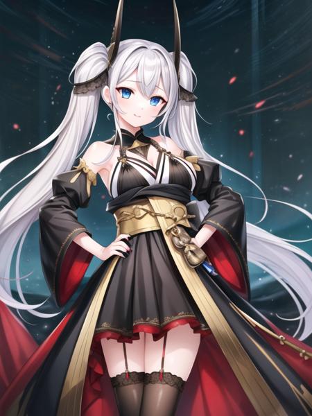 Urayodo,twintails, blue eyes,white hair,hair ornament, black nail, black dress,wide sleeves, black thighhighs, 