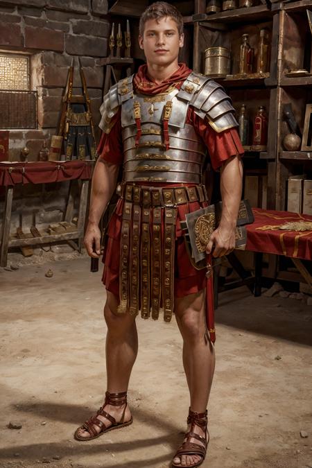 in the barracks of a Roman legion, HaydenRichards is wearing loriseg armor, scruff, (red tunic), (red shirt), (sandals), slight smile, other Roman legionnaires undressing in the background, masterpiece, ((full body portrait)), (full body), wide angle, <lora:loriseg:0.65> <lora:fantrome_v3:0.60> <lora:HaydenRichards:0.85>  <lora:exposure_control_v10:0.2>