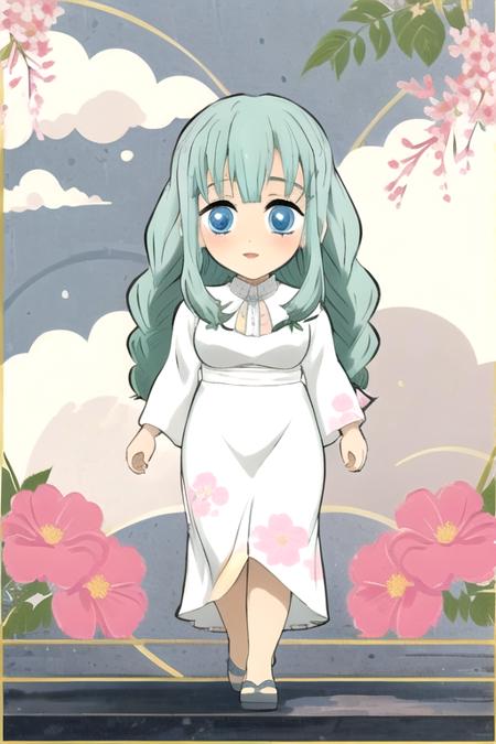 1girl, green hair, blue eyes, bright pupils, bangs, parted lips, happy, blush, braid, long hair, outdoors, cloudy sky, dress, floral print, medium breasts, full body, tree, flower, (river:0.75), walking, <lora:KnY_ChibiV2:1>