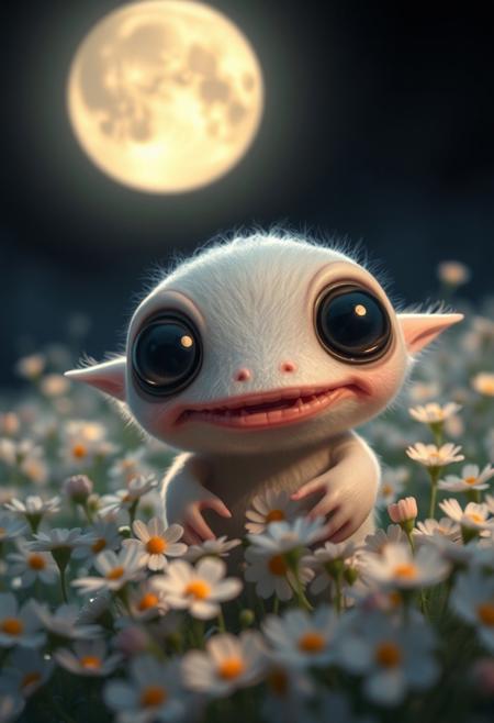A small, round creature with big, innocent eyes and an unsettling smile that stretches too wide. It has soft, pastel-colored fur, making it look cuddly, but its elongated fingers and slightly distorted features give it an eerie vibe. The creature is surrounded by a field of delicate, glowing flowers under a dimly lit moon, with shadows cast in strange angles, making the scene both charming and unnerving. Its large eyes reflect the light, adding an intense, almost hypnotic gaze that mixes sweetness with an underlying sense of dread.