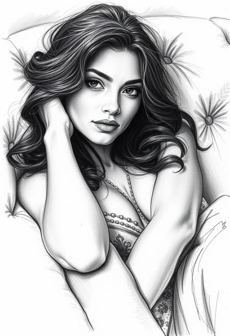 charcoal sketch artist pov drawing a gorgeous Indian woman laying on a sofa, boudoir style