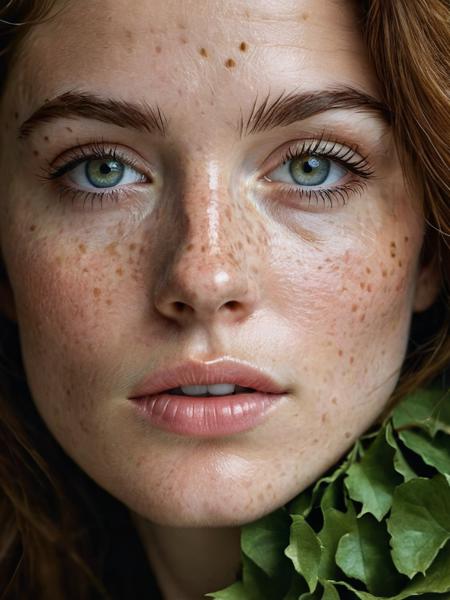 portrait of a unique breathtaking and beautiful woman face close-up, stunning detail, hyper detailed eyes, detailed skin with a flawless texture delicate and refined, smooth hair elegantly draped around her neck, subtle freckles on her nose, fullness of her lips, covered with leafs, captured in masterful composition, lighting accentuate her natural beauty, gentle shadows and highlights, incredible skill and attention to detail, nuance and detail, supersharp focus, Carne Griffiths, Conrad Roset, annie leibovitz, hyperdetailed, soft light, sharp, Hasselblad masterclass,  <lora:add-detail-xl:0.6>
