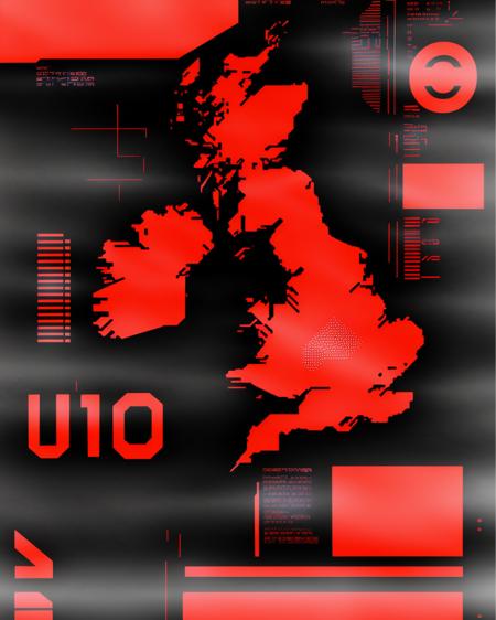 a black and red poster with a map of the uk,   poster art, computer art, cyberpunk