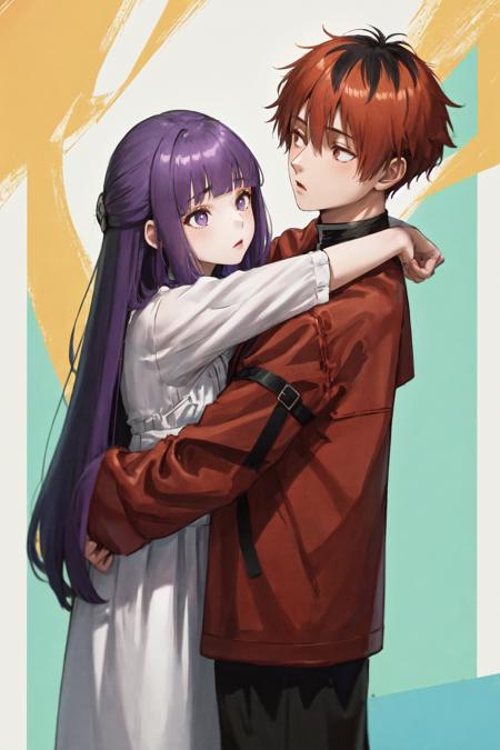 1girl fern black jacket white dress purple hair 1boy stark red jacket open clothes black pants