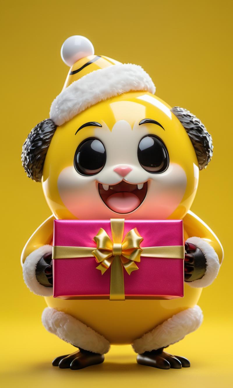 A yellow and white stuffed animal holding a pink box with a bow.