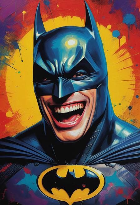 Centered, Incredibly Detailed Accurate Picture Of  Super funny surreal pop art laughing Batman vibrant colors, clean oil ink airbrush painting illustration, pallet knife effect