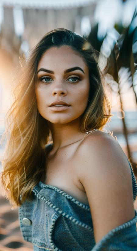 alele (sharp focus:1.2), portrait, attractive young woman, (beautiful face:1.1), detailed eyes, luscious lips, (eye makeup:1.2), (medium breasts:1.0), (tight body:1.2), wearing (jeans and t-shirt:1.2) at (the beach:1.2). (morning sun lighting:1.2), depth of field, bokeh, 4K, HDR. by (James C. Christensen:1.2|Jeremy Lipking:1.1).