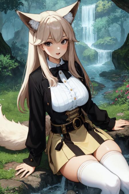 masterpiece, best quality, [detailed], [intricate], digital painting, cinematic lighting, solo, 1girl, :o,
(upper body, face focus:1.2), sitting on rock, from above, white hair, long hair, fox ears, curled hair, fox tail, fluffy tail, black eyes, black irises, long eyelashes, thick eyelashes, looking at viewer, white shirt, white skirt, belt, ornate clothes, black bowtie, white thighhighs, thick thighs, skindentation, outdoors, jungle, nature, forest, trees, grass, detailed grass, tall grass, plants, flowers, rocks, waterfall, water, pond,
,looking at viewer, smirk, wide hips, thick thighs, (large breasts),
retro artstyle, 1990s \(style\),<lora:Hidari2:0.8>