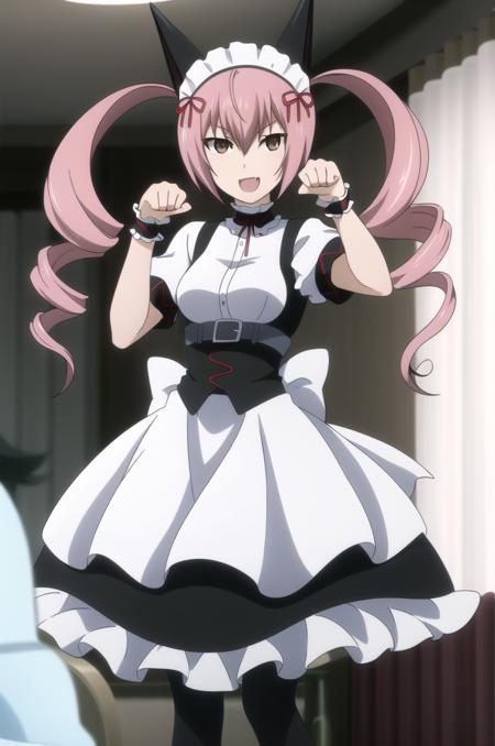 (masterpiece), high quality, detailed background, 1girl, solo,
<lora:SteinsGateFaris-v1-06:0.75>, Chopiofaris, pink hair, twin drills, long hair, brown eyes, (looking at viewer:1.3),
outfit_1, fake animal ears, maid, maid headdress, detached collar, short sleeve, wrist cuff, apron, black pantyhose,
maid cafe, cafe, standing, smile, paw pose, open mouth, fang,