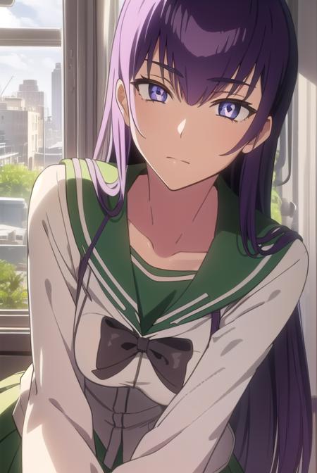 saekobusujima, <lora:saekobusujimatest:1>,
saeko busujima, long hair, purple hair, (purple eyes:1.1), hair between eyes,
BREAK skirt, long sleeves, bow, school uniform, serafuku, green skirt,
BREAK looking at viewer,
BREAK indoors, classroom,
BREAK <lora:GoodHands-vanilla:1>, (masterpiece:1.2), best quality, high resolution, unity 8k wallpaper, (illustration:0.8), (beautiful detailed eyes:1.6), extremely detailed face, perfect lighting, extremely detailed CG, (perfect hands, perfect anatomy),