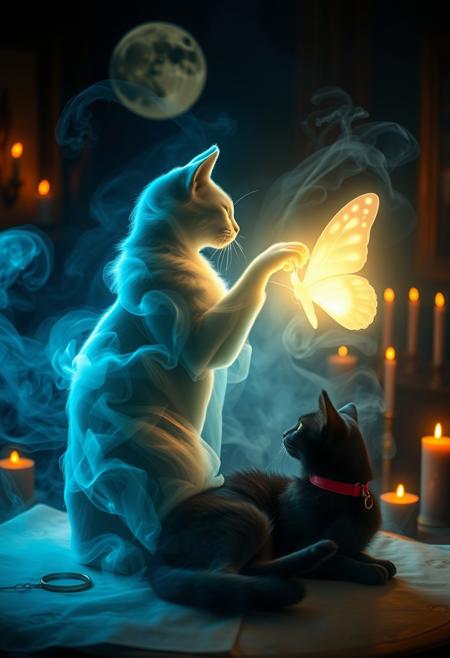 A mesmerizing image of smoke lit with a heavenly light elegantly forming a lifelike cat silhouette reaching its paw out to touch a glowing translucent ethereal butterfly with a beautiful light shining from within, the smoke cat silhouette is sitting on a table next to the body of a black cat with a red collar. The intricate details and vibrant colors of the cat, along with the perfect balance of smoke density and airiness, create an incredible visual effect. The background reveals a mystical or enchanted setting, possibly a dimly lit room with candles, a burning incense, and a moonlit sky. The combination of photo, illustration, 3D render, and painting techniques make this piece a true masterpiece., 3d render, photo, painting, vibrant, illustration.