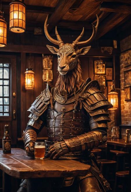 fantasy anthropomorphic a (sika-deer) (warrior: 1.19) (leather armor) in dark japanese-tavern holding a pint of ale in a cozy environment with gas lamps oriental japanese-woodworking warm brick fireplace and (paper windows) (japanese-style-architecture)