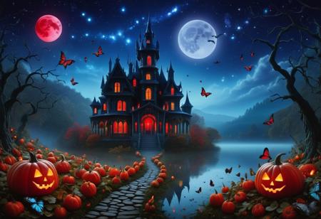 masterpiece, best quality, mysterious dark enchanting forest with ((halloween pumpkins:1.3)) and ((colorful butterflies:1.4)) leaving a trail of magical pixie dust behind, a crystal clear lake shredded in a fog and a an ethereal glow at night with a ((galaxy sky embrodeiry and red moon:1.5)) with an old haunted mansion on a hill behind and bats flying, 8k, masterpiece, best quality, vivid colors, 32 bit colors, high texture resolution, soft lighting, epic, dark fantasy style, breathtaking, visually impressive, stunning composition, mesmerizing, hypperrealistic, digital art, trending at artstation