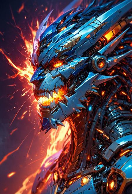 score_9, score_8_up, score_7_up,score_6_up, robot, ((close on face)), ((focus on face)), silver skin, (metal skin), steel teeth, mechanical parts, transformers generation 1, robot made of dragon parts, scorn, ((gray and purple)), dragon head on chest, TransformersStyle, action pose, lasers, explosions,