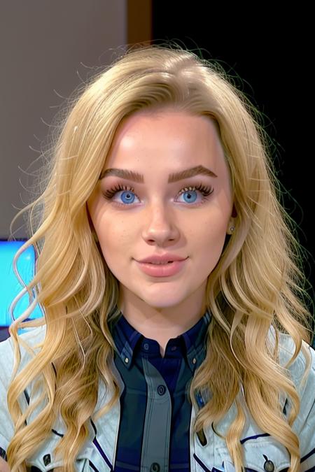 raw closeup of a stunningly beautiful woman, in a cute button up, on daytime television show giving an interview, RAW, 8K, UHD, natural lighting, perfect day, stunning eyes, amateur, candid, extreme close up, people in the background