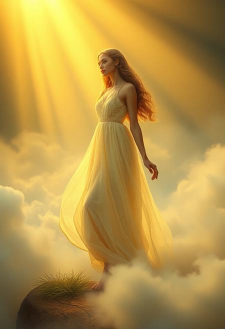 an image so perfect you may wonder if you are dreaming or awake, here she is standing in beatitude covered with an ethereal dress of silk and gold threads, she stands over a heavenly landscape covered in clouds and mist, earth or grass or vapors you do not know for sure what it is. The clouds provide a protective cradle around her delicate figure, basking in the glorious divine golden light descending from the Sun or a deity above the clouds, like a spotlight would on a celebrity, This light is strong and warm but also soft and pleasant like the sun is on a colder day. One glance at her and we all fall in love, taken into romantic reverie yearning for a glance, a word or touch.