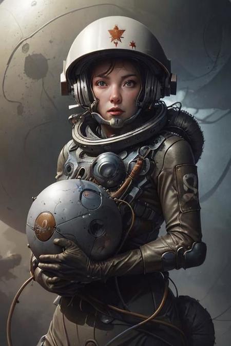 masterpiece, ultra high resolution, 3/4 view, (upper body:1.5), a woman in a space suit with a helmet on mars, space explorer, sovietpunk, breathtaking background, fantastic scenary, connected with wires to metallic orbs, elegant pose,