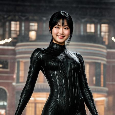 score_9, score_8_up, score_7_up, best quality, realistic, masterpiece, beautiful detail, hyperrealistic, ((1girl, woman body, large breast)), amazing detailed full body of a cute korean girl, cute face, wearing a realistic and highly detailed black raimi spider-man suit, ((defined muscular girl)), professional model wears ultra - detailed black raimi spider - man suit, ultra - detailed and grained black raimi spiderman suit, suit covered entire body and hand, black spiderman gloves, wet, (black hair, attraction, light smile), dancing on a stage, octane render, highly detailed, volumetric, dramatic lighting, (highest quality:1.1), (HDR:1.3), (top quality, best quality), realistic, high definition,
